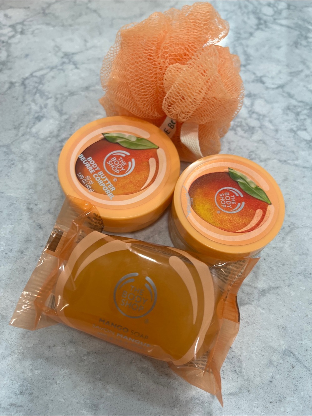 The Body Shop Mango gift set-Body Scrub, Bar Soap, Body Butter & Sponge-NEW